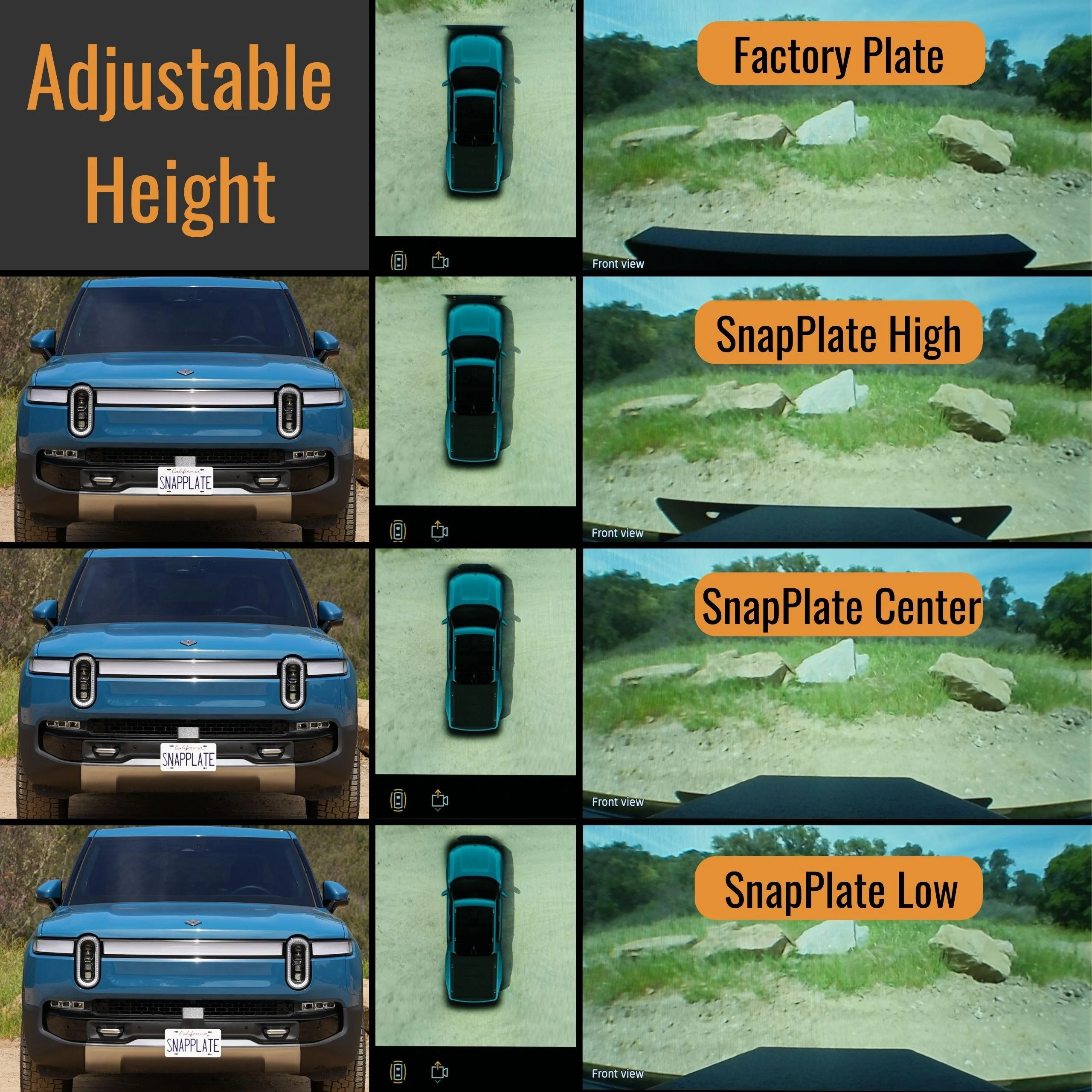 Rivian R1T R1S No-Drill, No-Adhesives, Front License Plate Mounts - SnapPlate for Rivian R1T & R1S - Gen 2 Height and Grille Depth Adjustable 6