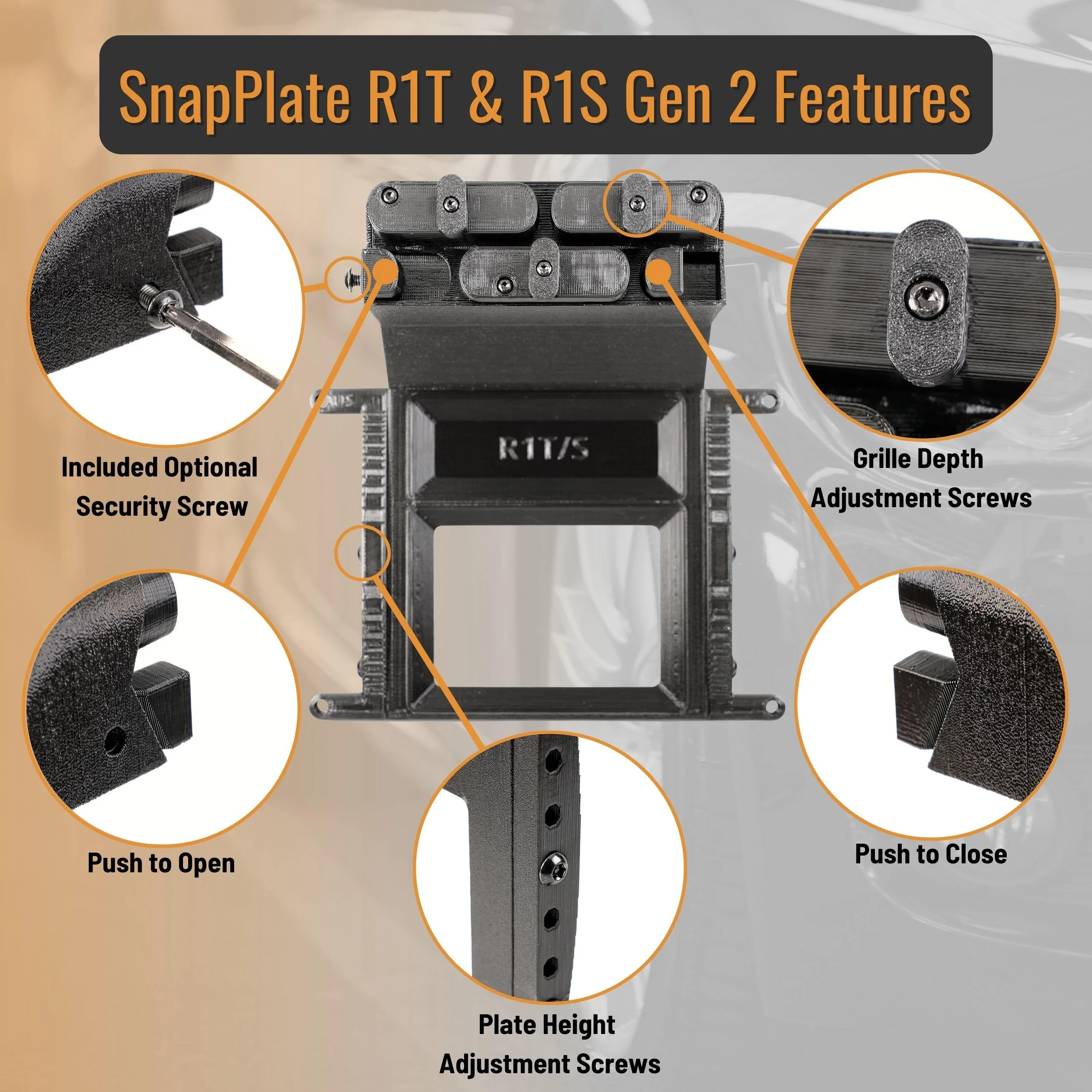Rivian R1T R1S No-Drill, No-Adhesives, Front License Plate Mounts - SnapPlate for Rivian R1T & R1S - Gen 2 Height and Grille Depth Adjustable 7