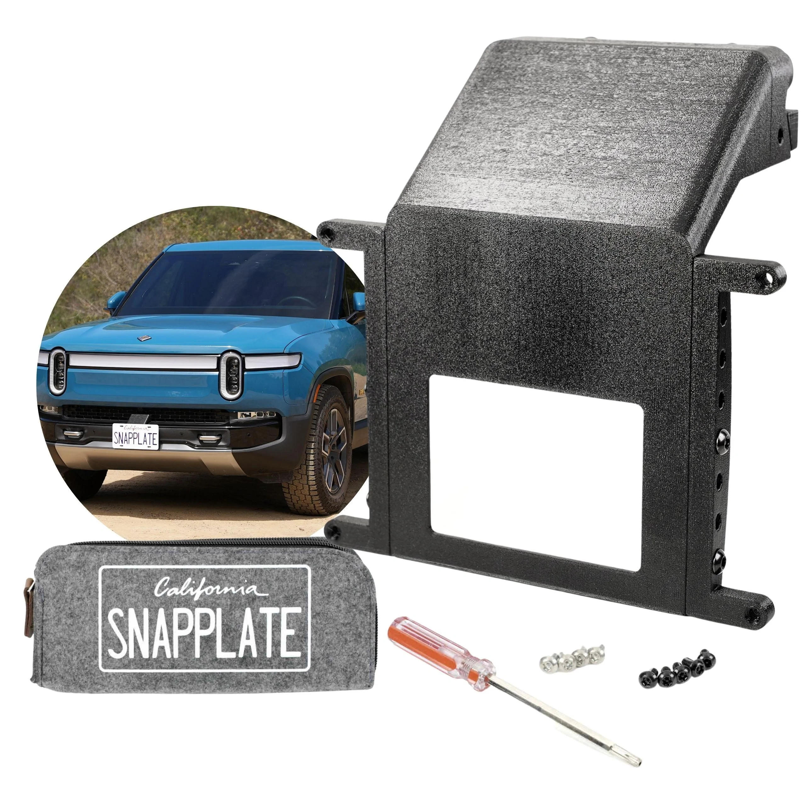 Rivian R1T R1S No-Drill, No-Adhesives, Front License Plate Mounts - SnapPlate for Rivian R1T & R1S - Gen 2 Height and Grille Depth Adjustable 1