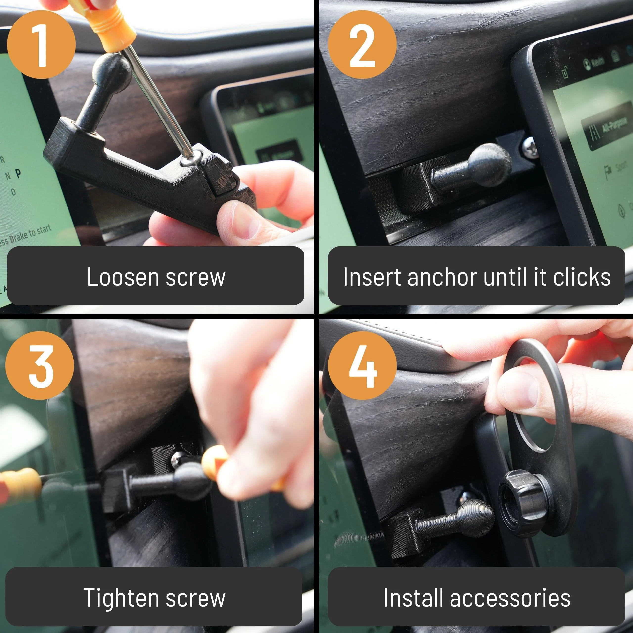 Rivian R1T R1S Phone Mount Dash Anchor - 17mm, 20mm, & 25mm Ball Mount Size Options Instruction Panel
