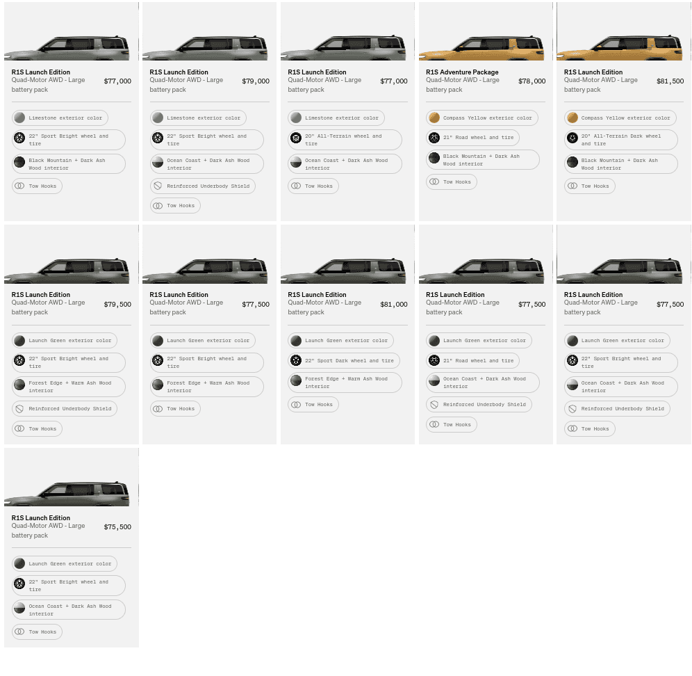 Rivian R1T R1S R1S Shop access live with lots of inventory! Screenshot 2023-05-08 1.00.12 PM