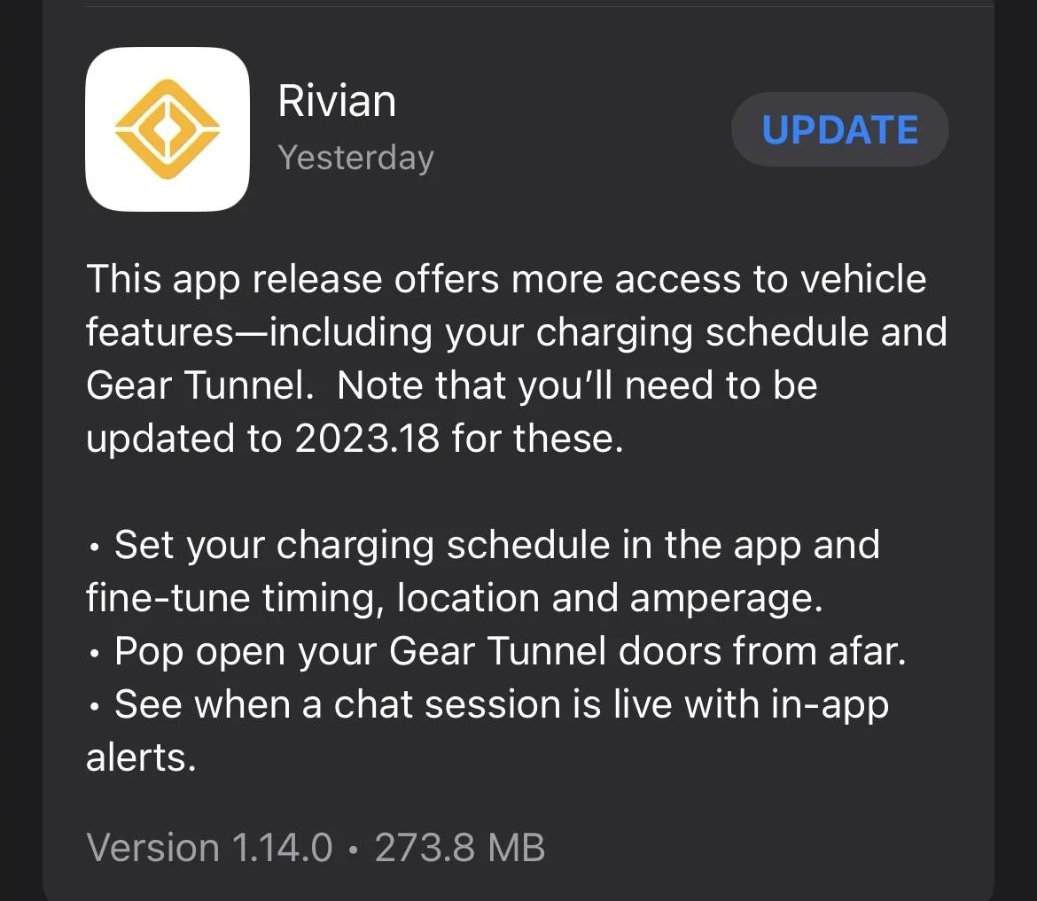 Rivian R1T R1S App version 1.14 available 1684324352941