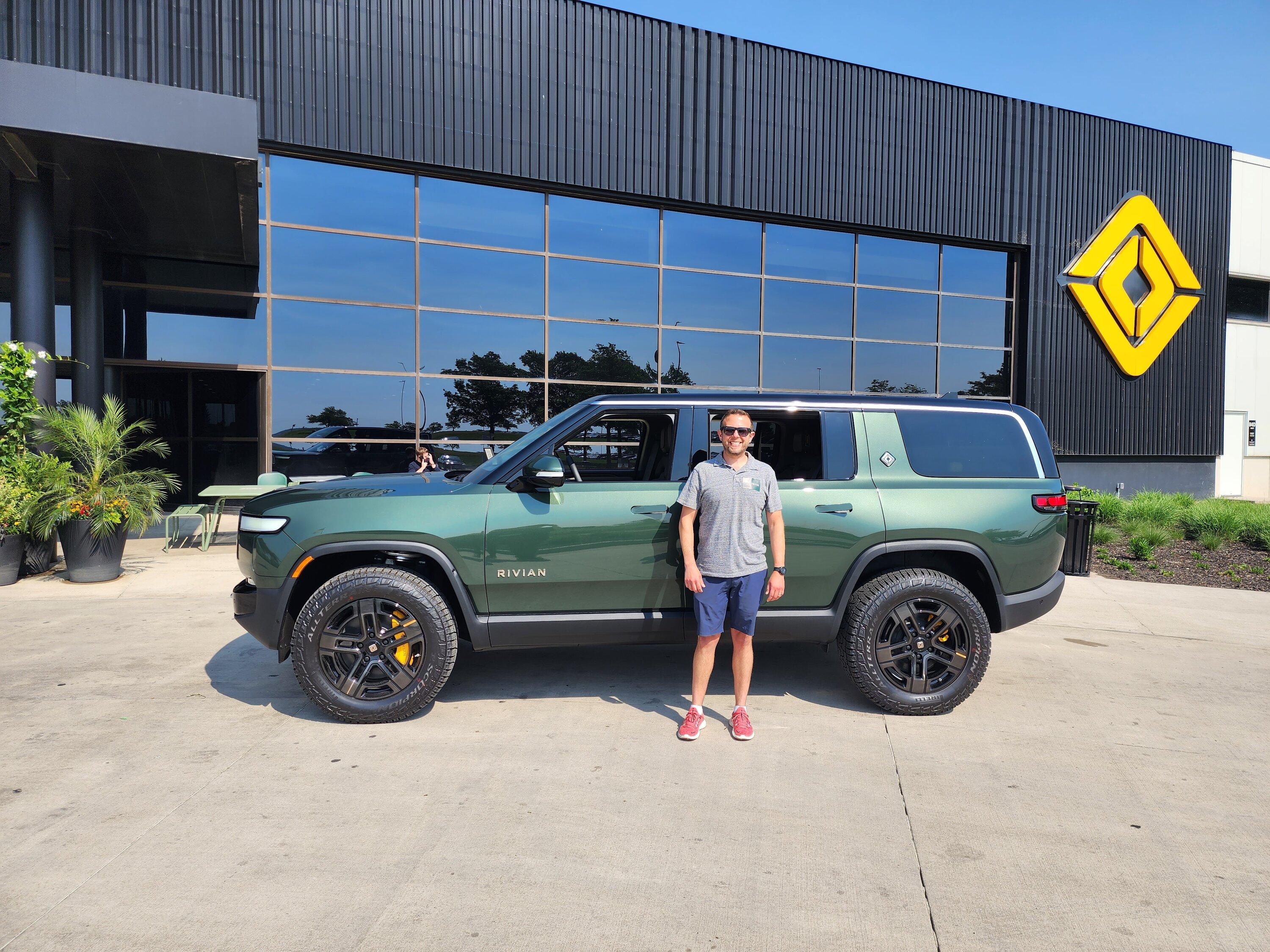 Rivian R1T R1S Picked up my R1S from Rivian factory!! Love the combo: double Forest exterior + interior 20230523_155117