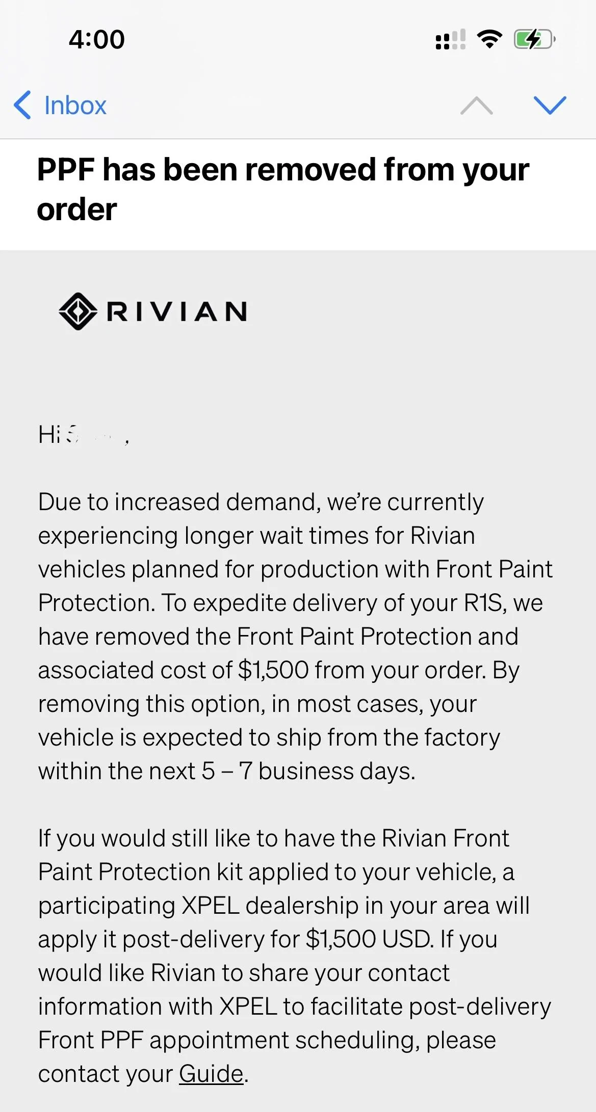 Rivian R1T R1S PPF removed from order BB5E3DD9-DAF3-4AA3-A966-19543A6A80C3