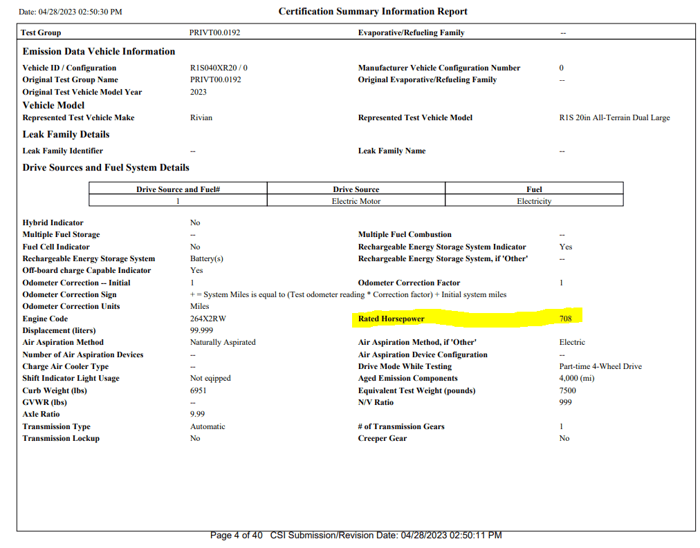 Rivian R1T R1S Dual Motor EPA Certification Application (Reveals HP, Efficiency, Range, MPGe Figures) 1685974191623-