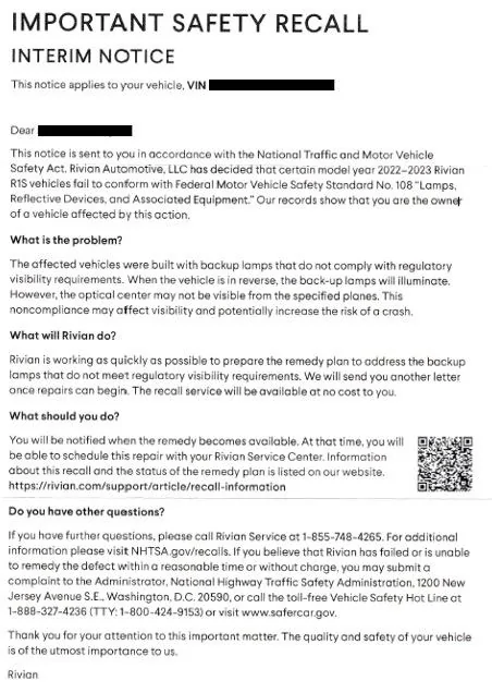 Rivian R1T R1S Rivian R1S getting recall to update backup light lamp lenses. Notices coming to owners May 20 for replacement service starting July recall