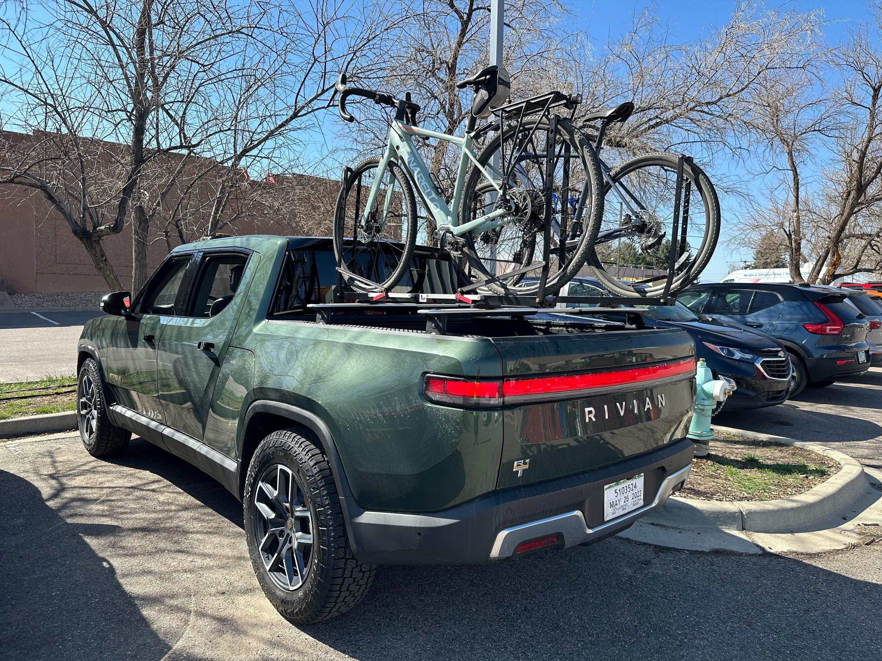 Rivian R1T R1S Bike rack that works with cross bars on truck bed? Image from iOS