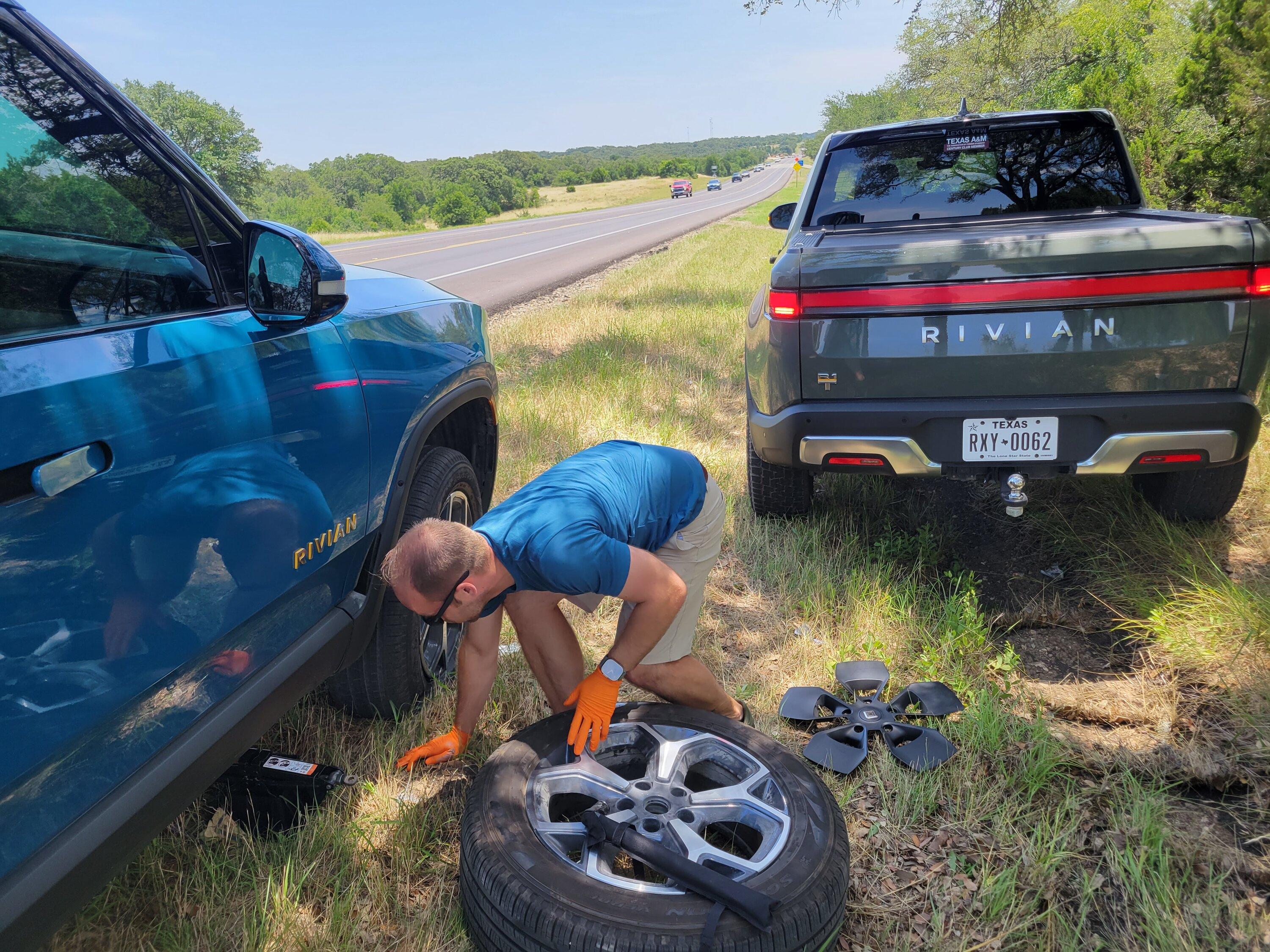 Rivian R1T R1S Got help changing a flat from fellow Rivian owner (Kaleb) in Wimberley TX  today 20230610_131832