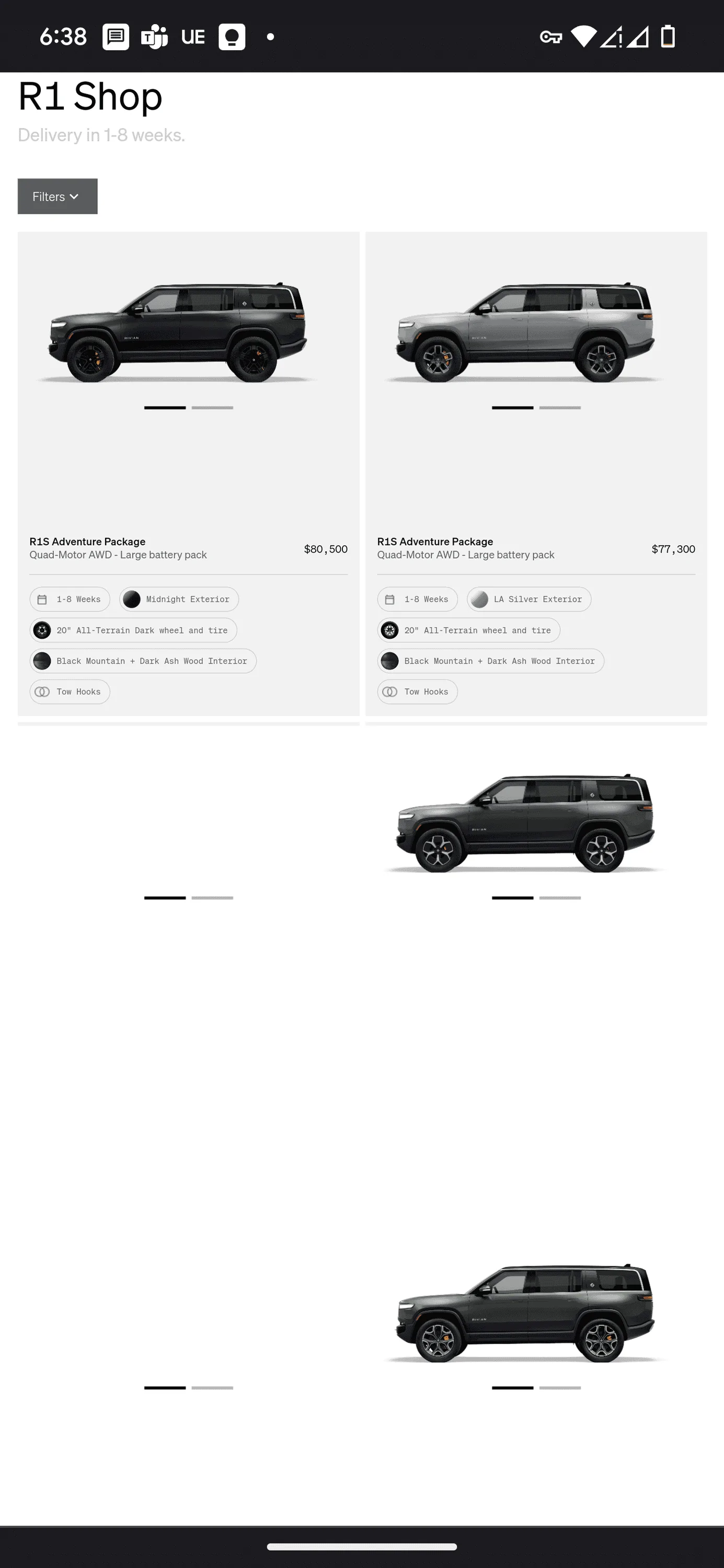 Rivian R1T R1S R1S Shop access live with lots of inventory! Screenshot_20230615-183831