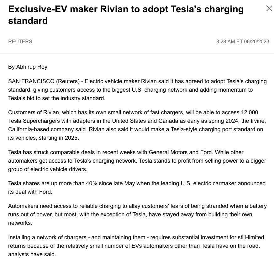 Rivian R1T R1S ? Rivian Adopts Tesla NACS Standard! (Adapters in 2024, Standard Charging Port in 2025) Screenshot 2023-06-20 at 8.42.53 AM