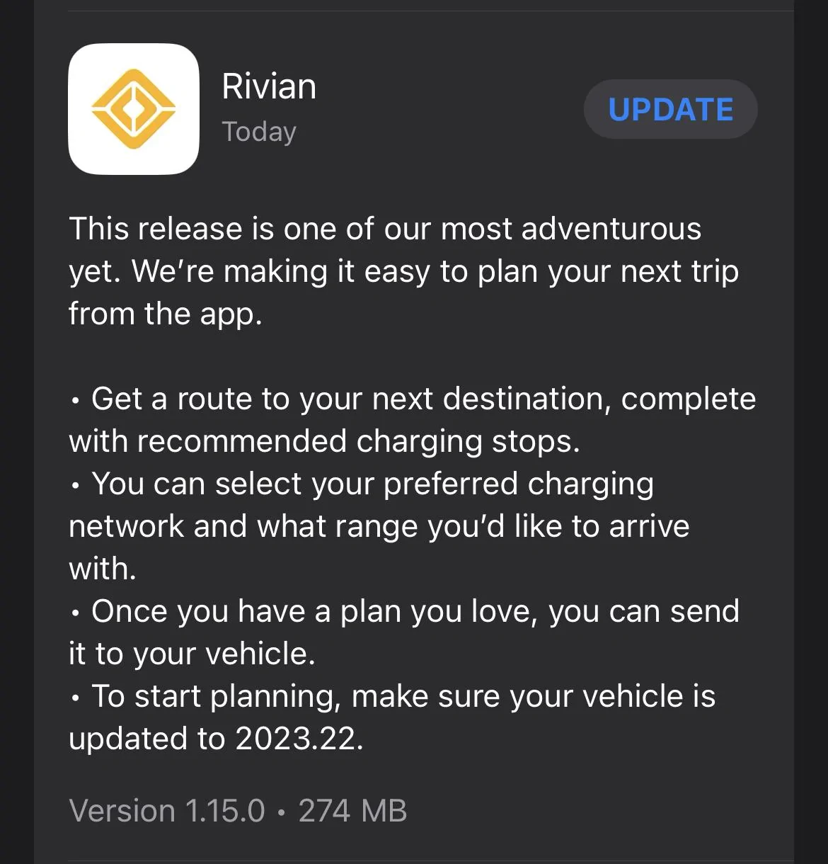 Rivian R1T R1S App 1.15.0 available with Trip Planning 1687455551222