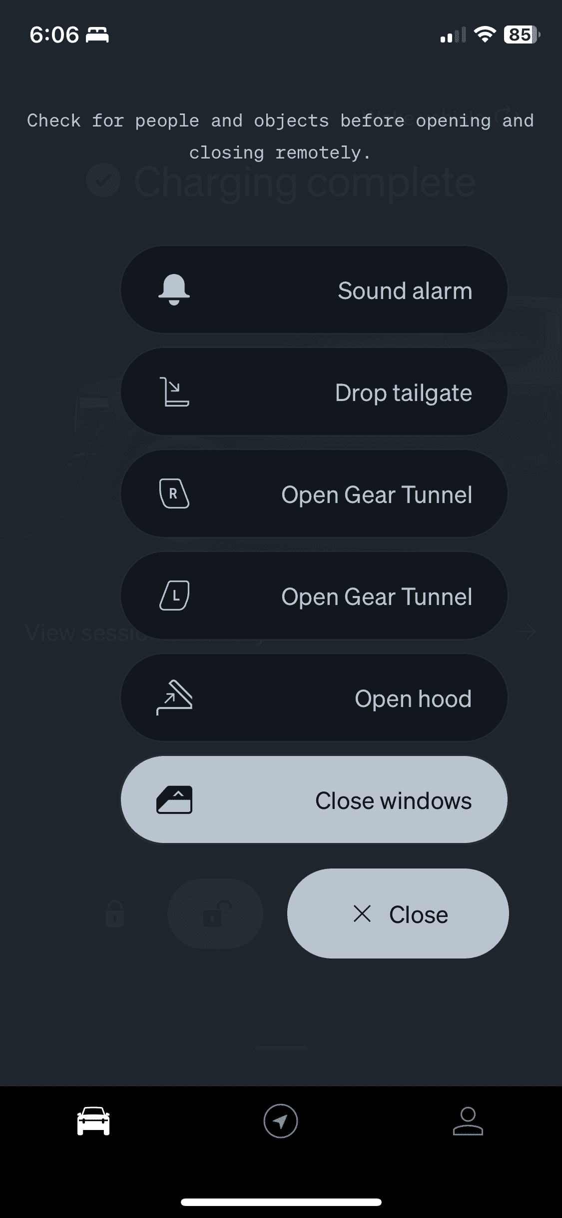 Rivian R1T R1S App showing windows open IMG_1283