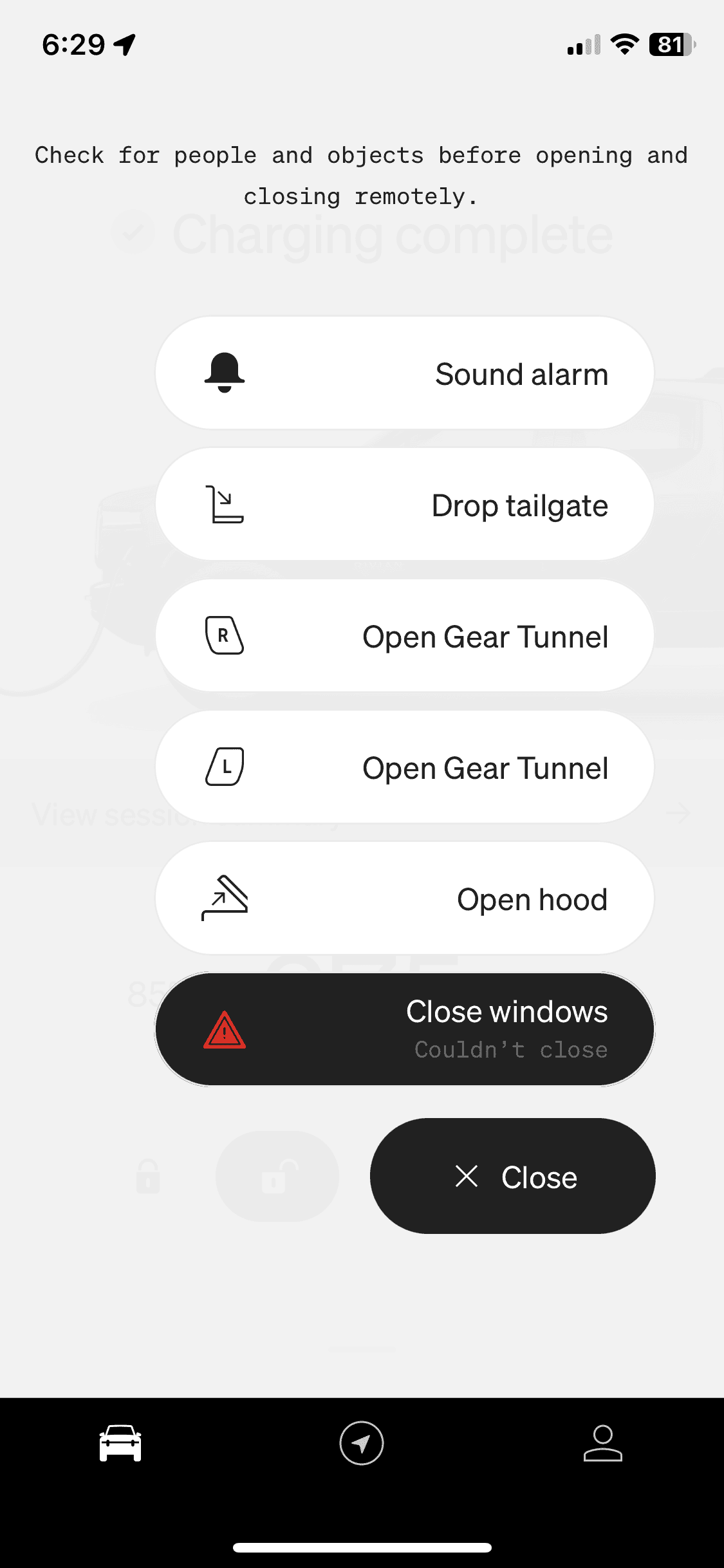 Rivian R1T R1S App showing windows open IMG_1284