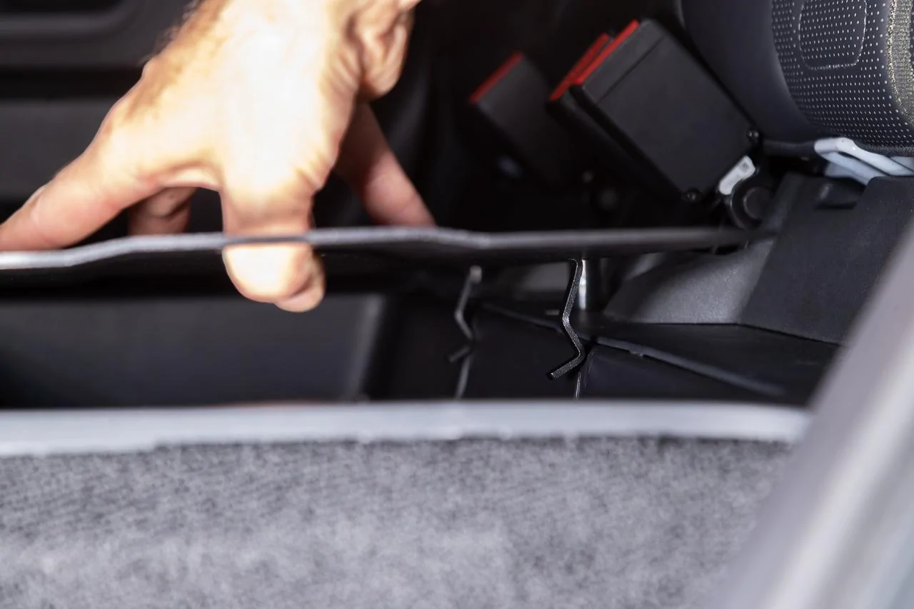 Rivian R1T R1S R1T Under Rear Seat Cargo Covers & Dog / Pet Decks have lauched! New at EVSportine.com evsportline-r1t-rear-seat-platform-in-car-4