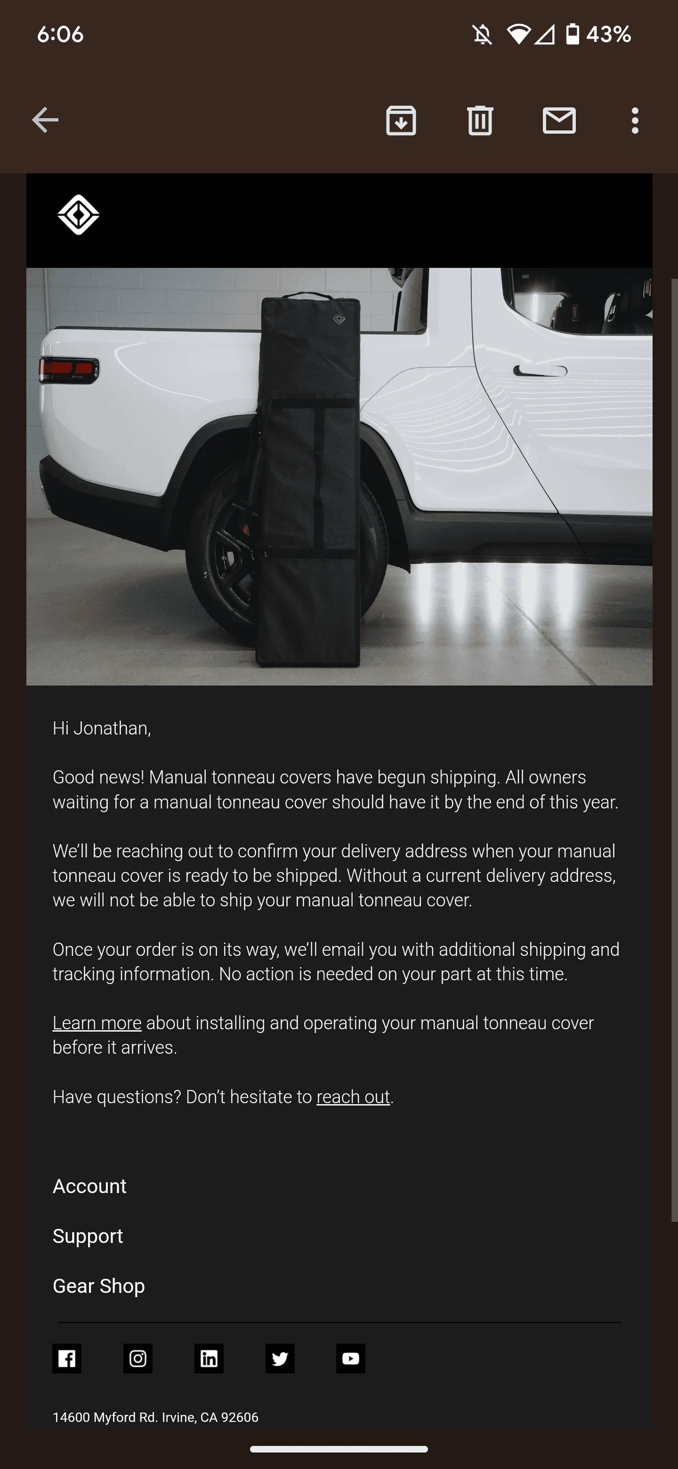 Rivian R1T R1S Manual Tonneau Cover Shipping Email Screenshot_20230707-180658