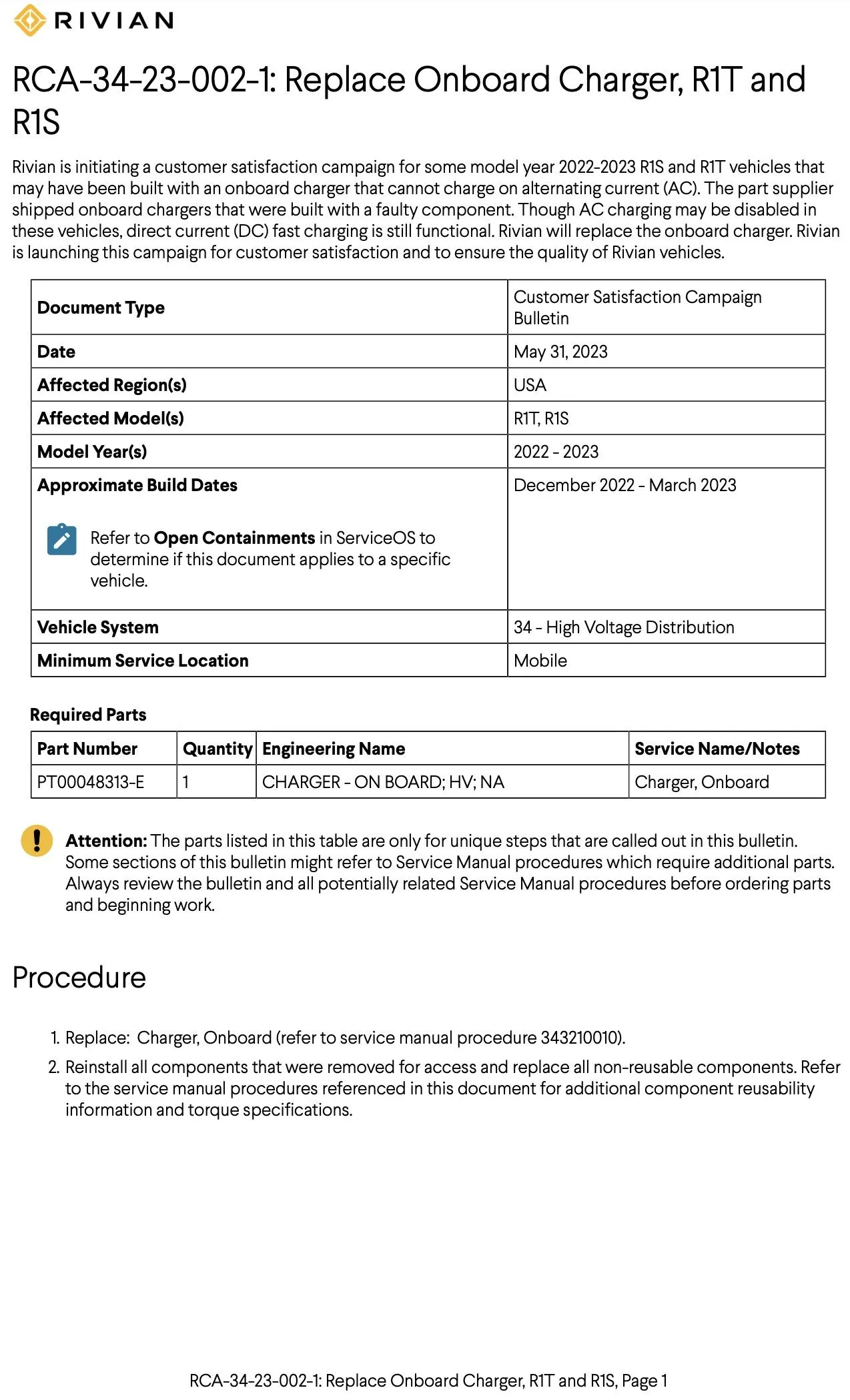 Rivian R1T R1S Onboard Charger AC Charging Disabled [Customer Satisfaction Campaign Advisory] for 2022-2023 Rivian R1T / R1S --- (? RCA-34-23-002-1) Screenshot 2023-07-11 at 7.08.51 AM