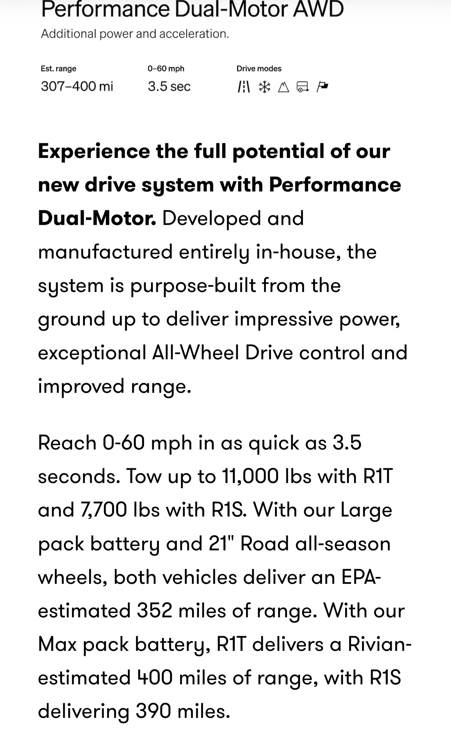 Rivian R1T R1S Rivian R1T Performance Dual Motor AWD, Time to Launch. 0-60 in 3.5 seconds, 307-400 miles range Screenshot_20230712-194210