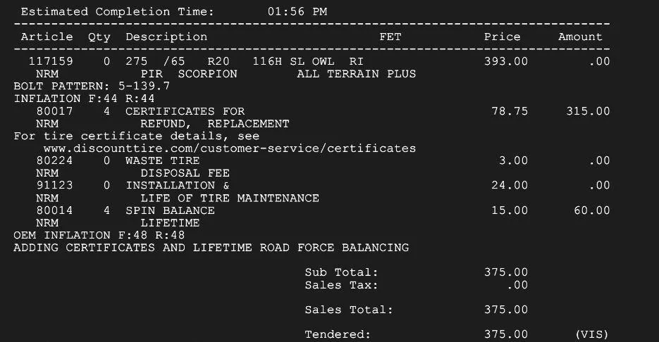 Rivian R1T R1S PSA: Discount Tire / America’s Tire will sell Road Hazard warranty and lifetime Road Force Balancing with free rotation if you have < 2,000 miles discount-tire-receipt-jpg