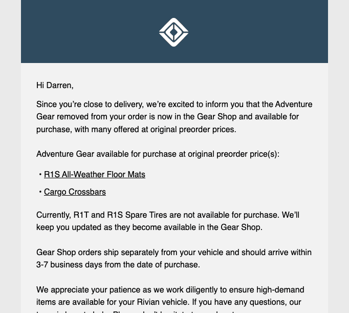 Rivian R1T R1S Accessory pricing from shop Screenshot 2023-07-18 at 8.21.18 PM