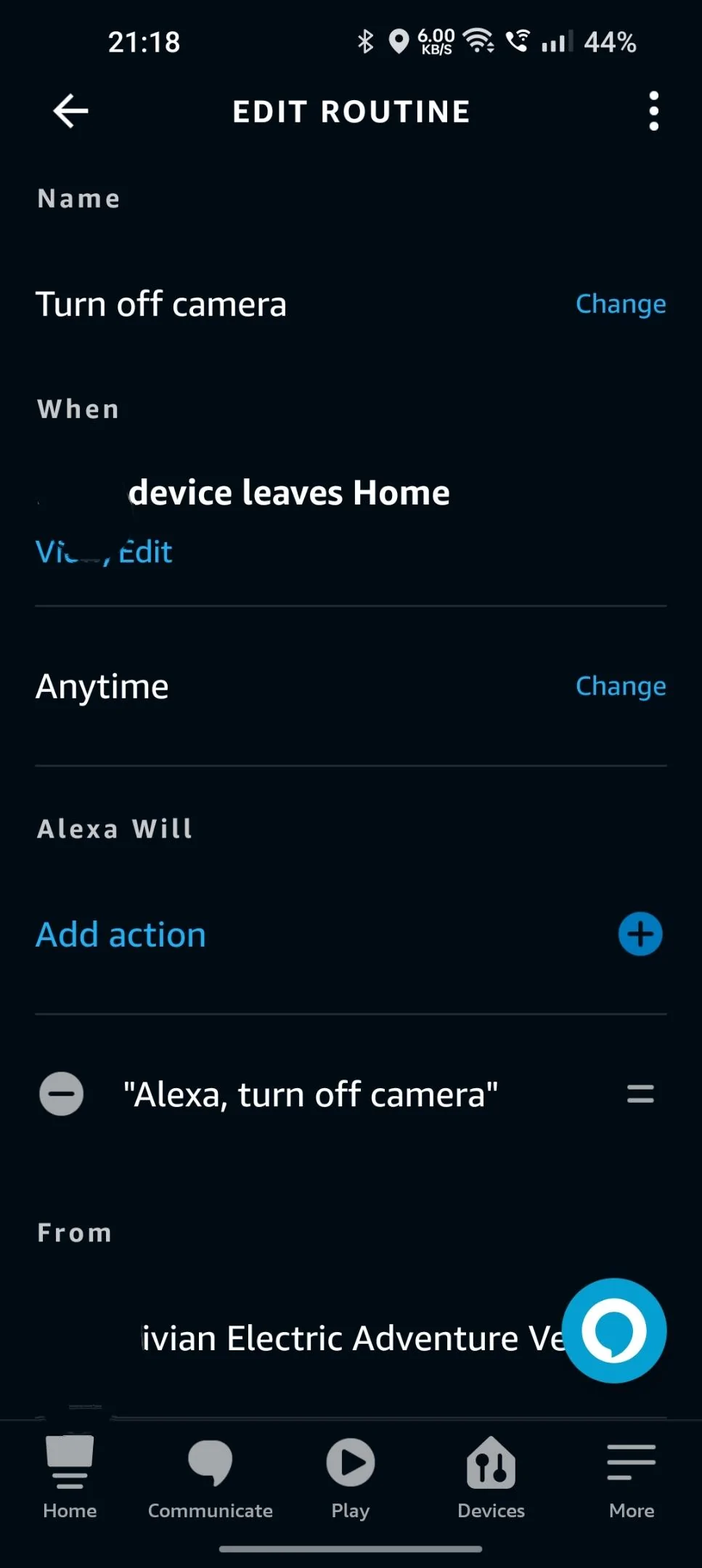 Rivian R1T R1S Alexa automation tip:  camera view auto on/off based on proximity to garage (or any location) IMG_20230801_211921
