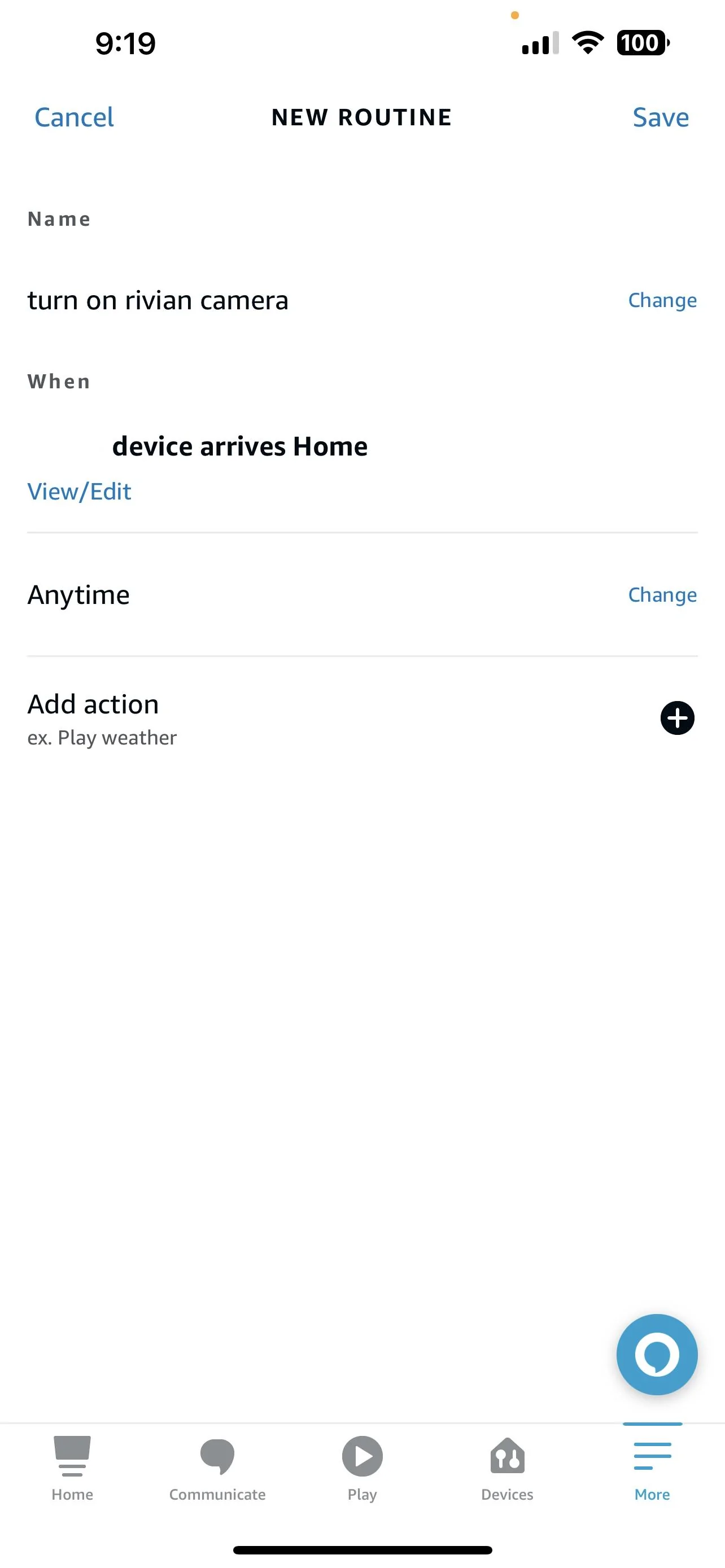 Rivian R1T R1S Alexa automation tip:  camera view auto on/off based on proximity to garage (or any location) IMG_1582