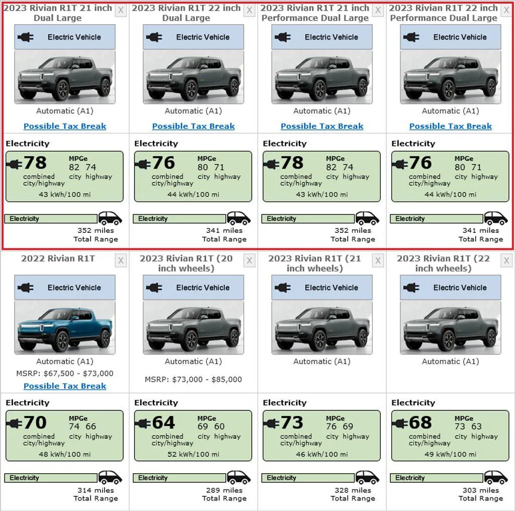 Rivian R1T R1S Rivian R1T Dual-Motor Large Pack Gets Over 350 Miles Range (Official EPA Figures Posted) 2023-rivian-r1t-dm-awd-large-pack-epa-rating-img