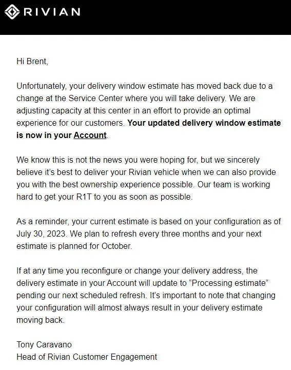 Rivian R1T R1S MAX Pack won't be available for order until the fall (says Rivian chat today) Rivian updated delivery windo
