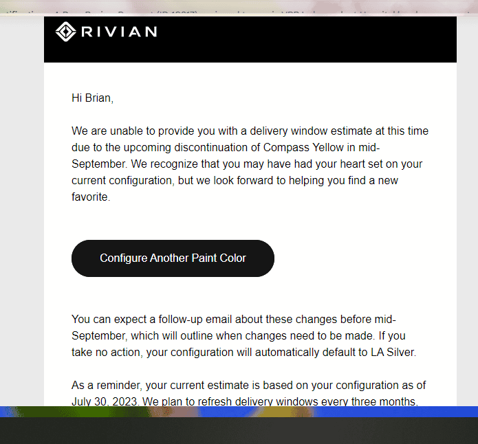 Rivian R1T R1S Report: Rivian discontinuing Compass Yellow, Vegan Leather and 20" Bright AT wheels 2023-08-24