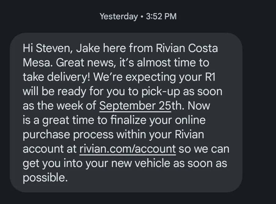 Rivian R1T R1S Finally. Screenshot_20230830_093122_Messages