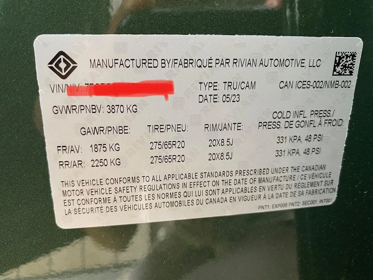 Rivian R1T R1S Compiled payload ratings for R1T (GVWR, GAWR, Payload Stickers) IMG_3190