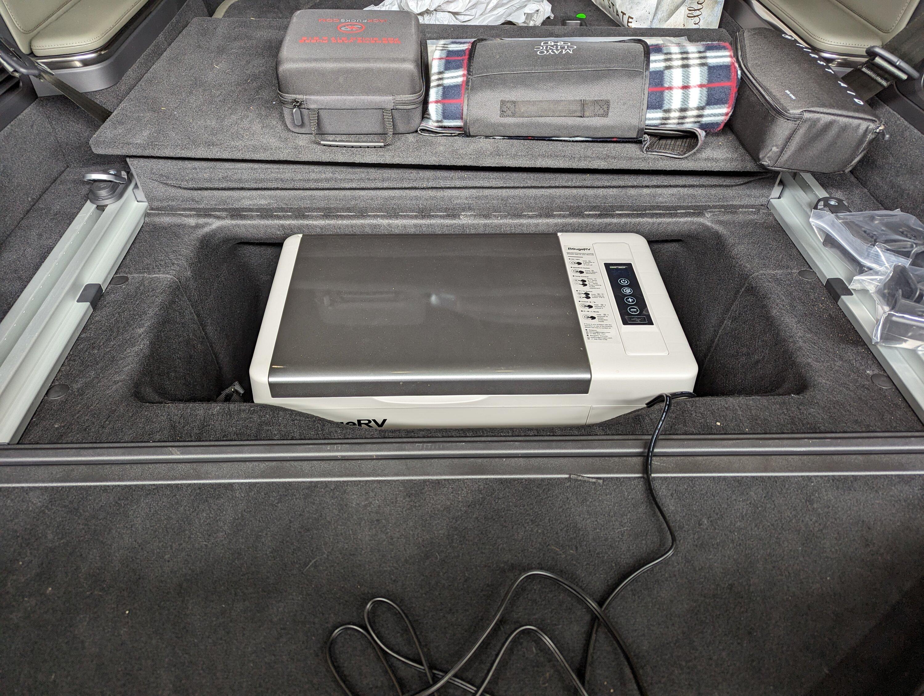 Rivian R1T R1S Ideal electric cooler model and placement -- installed in R1S spare wheel storage space PXL_20230910_174354864