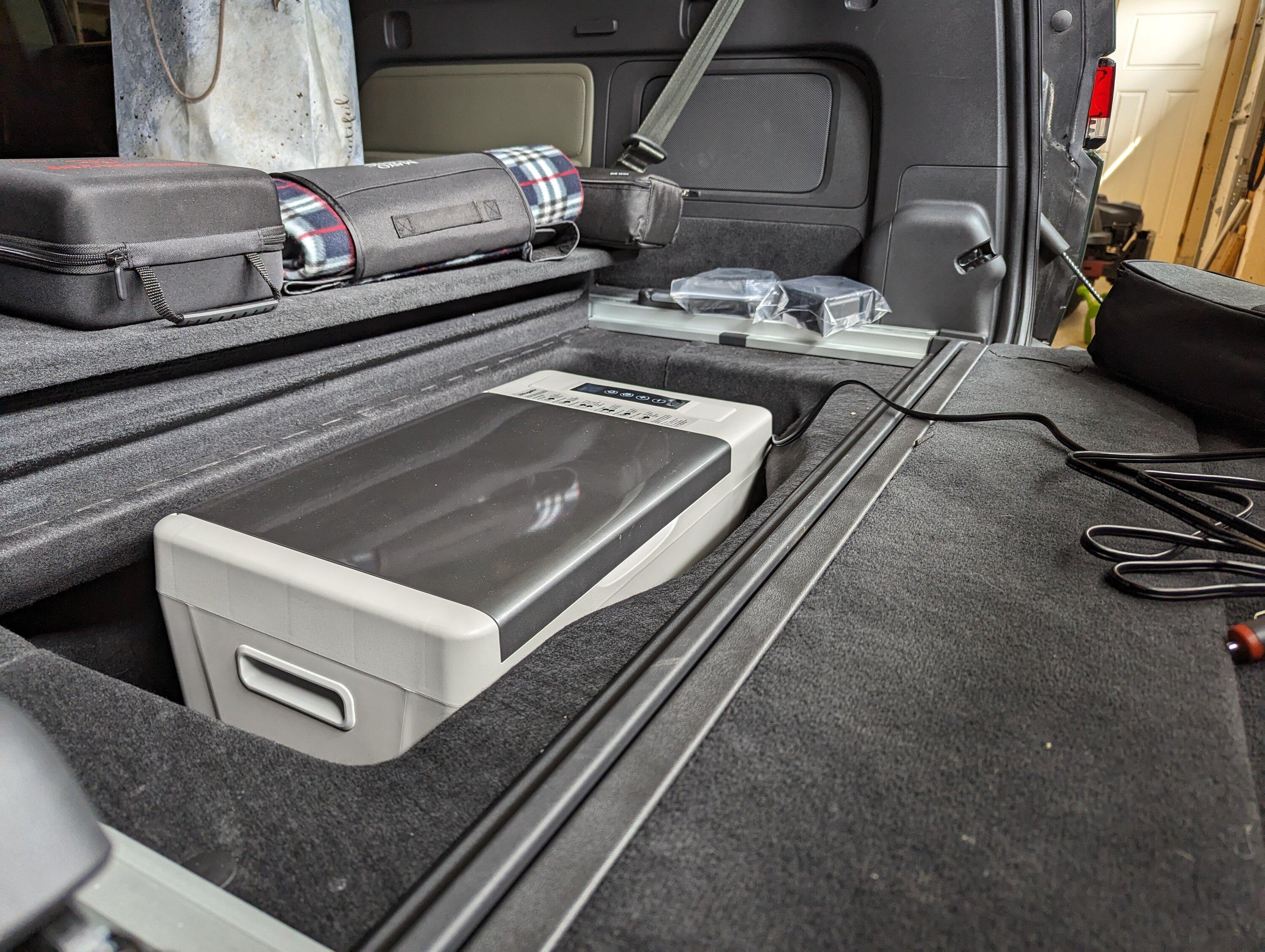Rivian R1T R1S Ideal electric cooler model and placement -- installed in R1S spare wheel storage space PXL_20230910_174401153