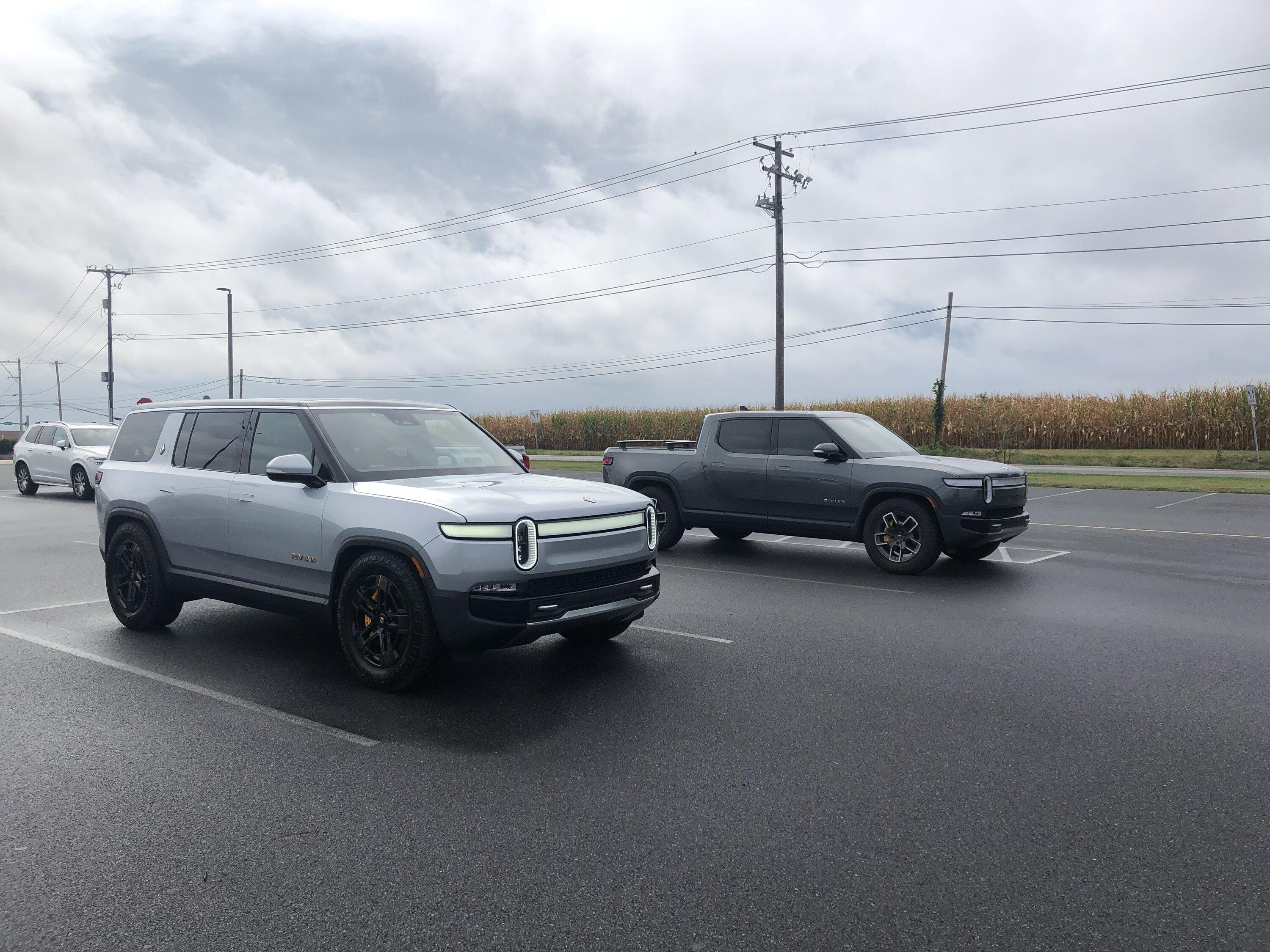 Rivian R1T R1S R1S school buses lined up at drop off this morning Rivians at Stauffers