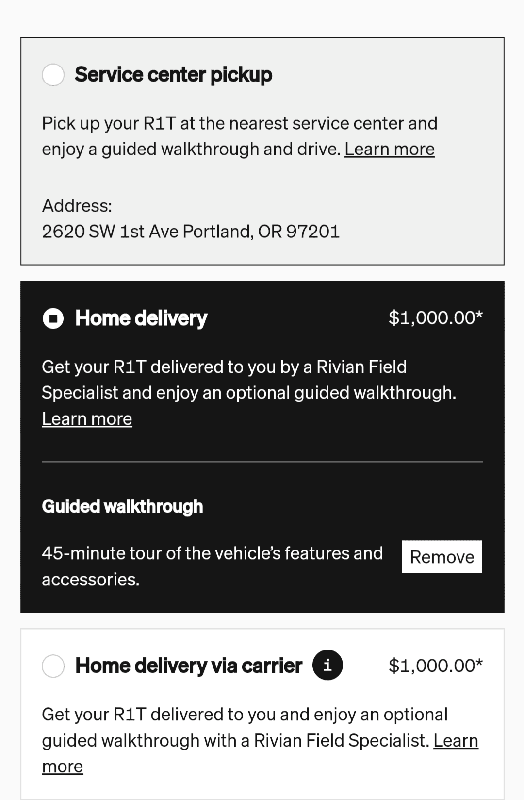 Rivian R1T R1S SC Pickup Avoids $1k delivery fee? Or Home delivery is an extra $1k now? Screenshot_20230922-073507