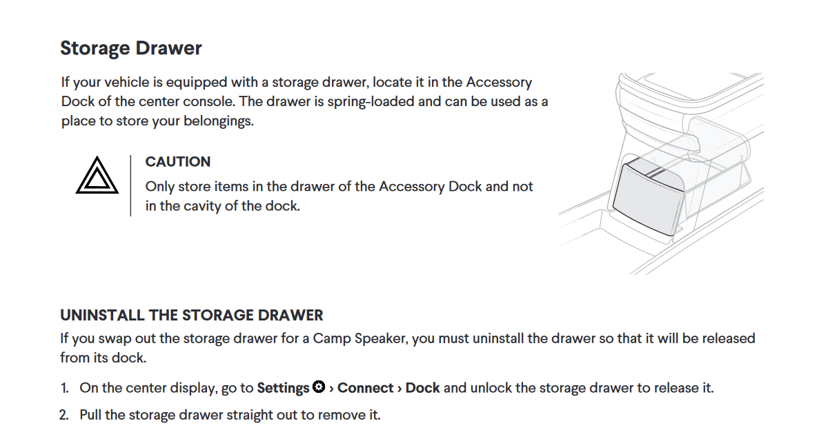 Rivian R1T R1S Rivian OEM Storage Drawer appears in Owner's Manual! 1695666842496