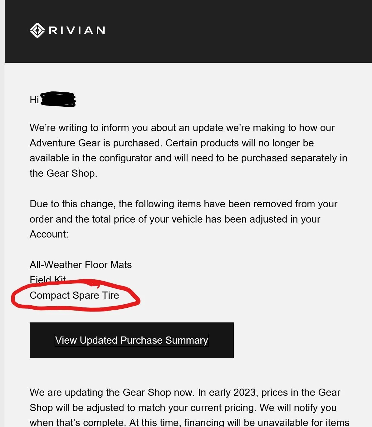 Rivian R1T R1S R1S Spare Tire delivery? 15Dec22 email