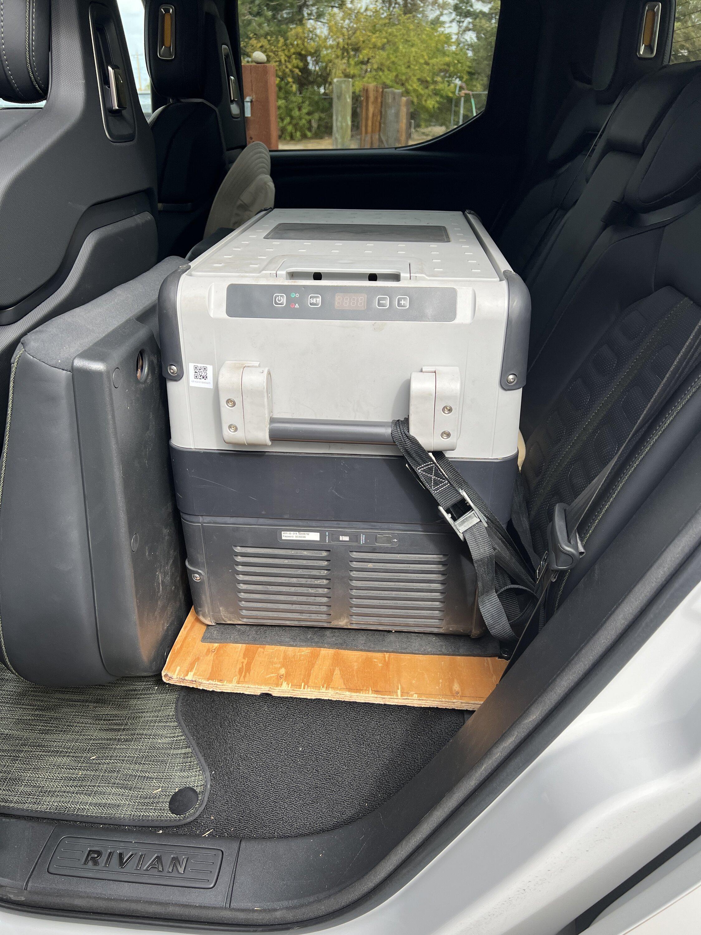 Rivian R1T R1S Fridge in the backseat IMG_1445