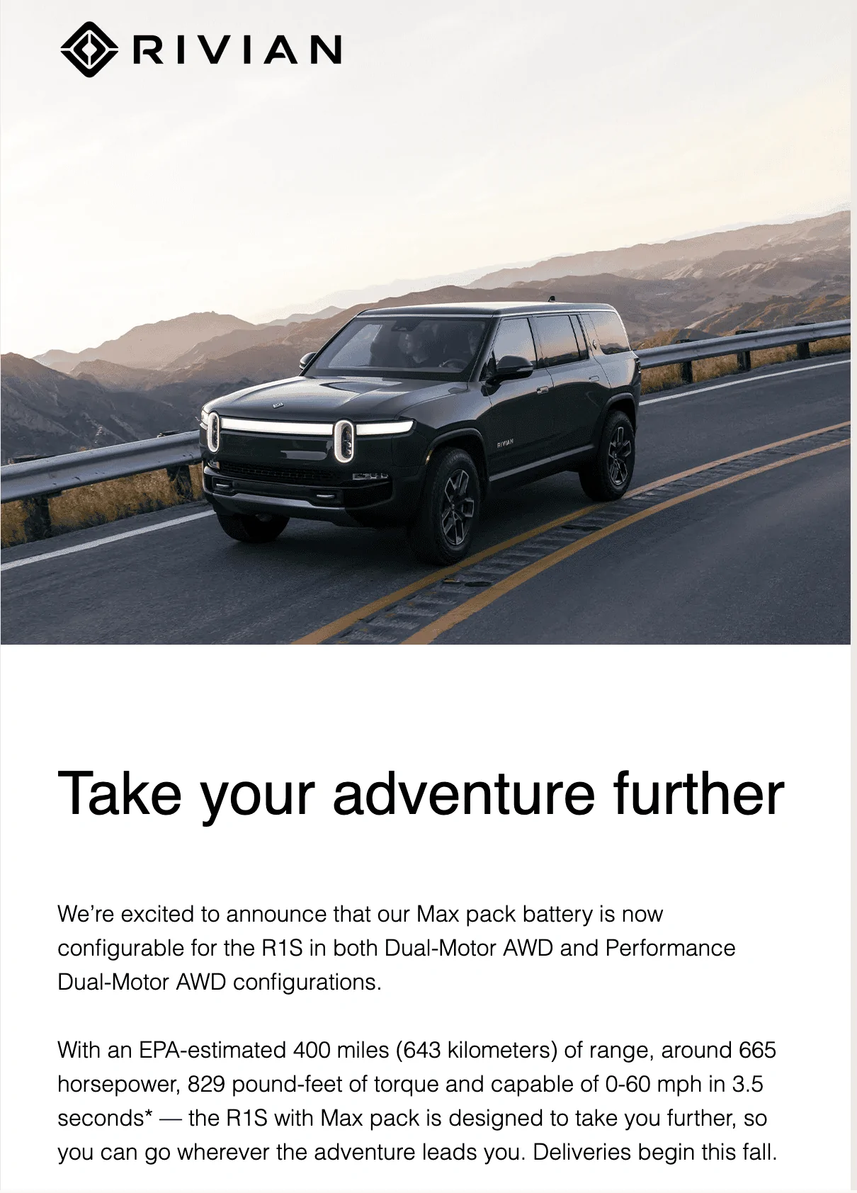Rivian R1T R1S R1S Max Pack Now Available in Configurator! 1696340799994