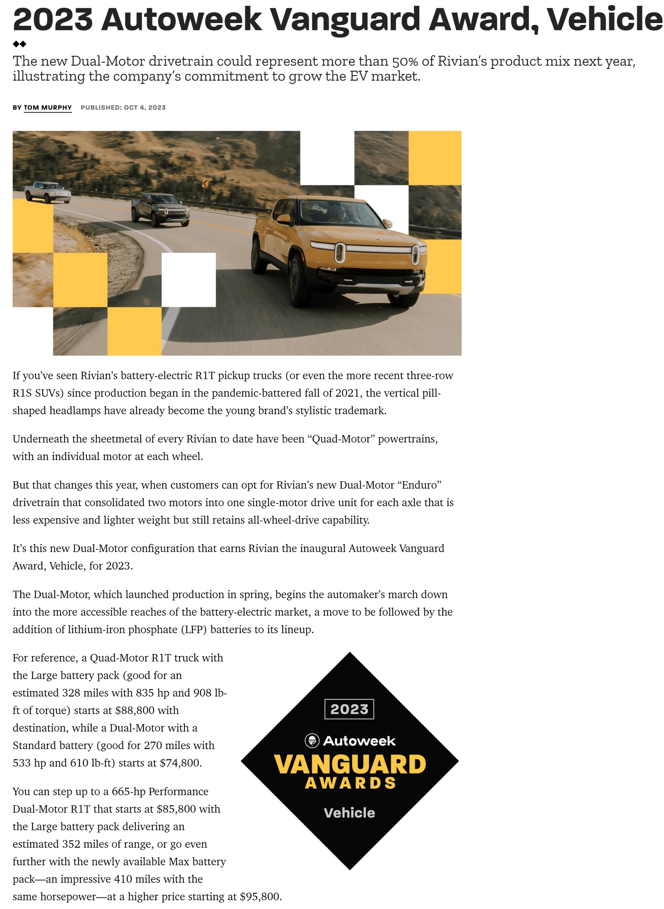 Rivian R1T R1S Dual-Motor R1T Wins 2023 Autoweek Vanguard Award, Vehicle 1696442537211