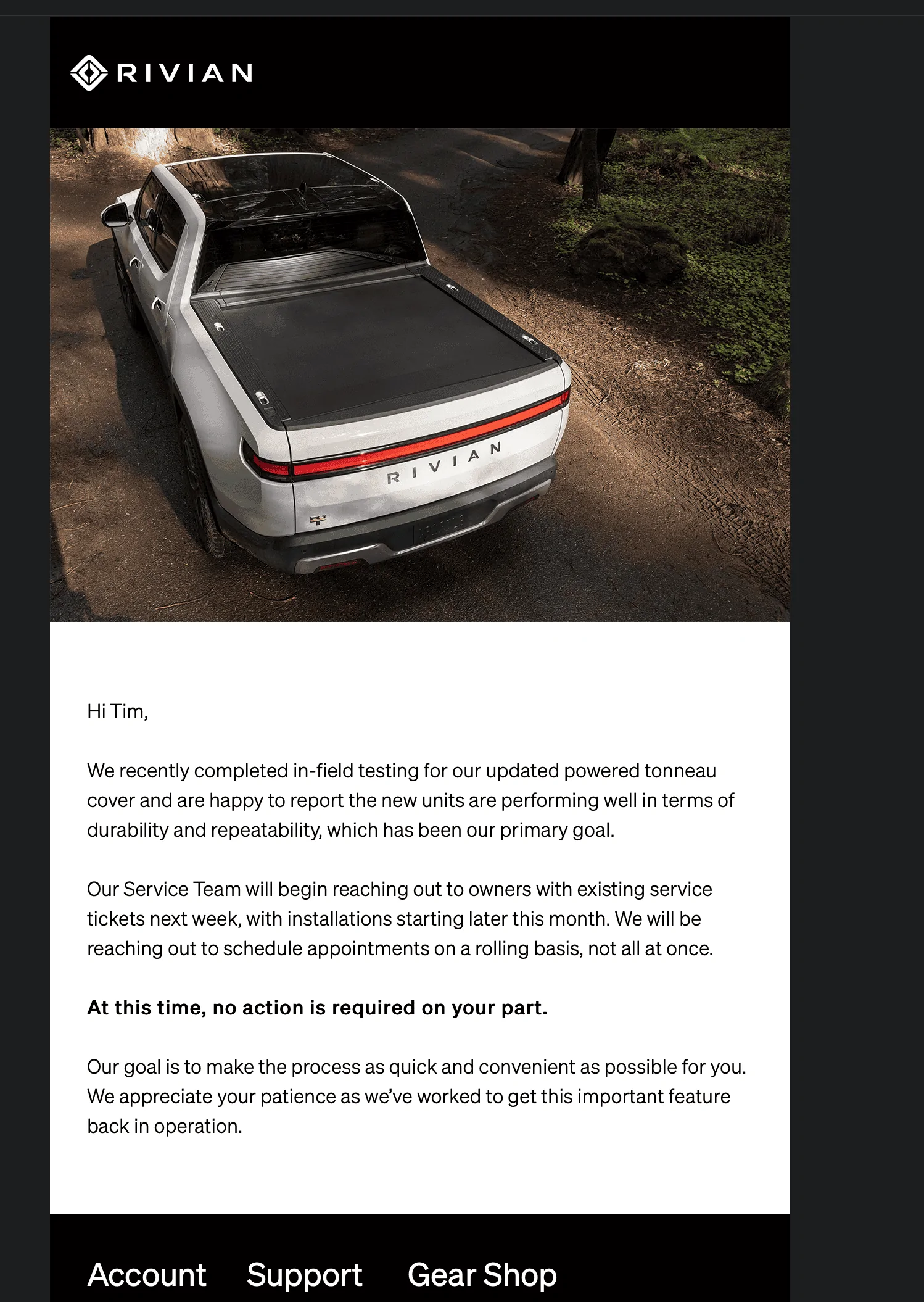 Rivian R1T R1S Just got the "Powered Tonneau Fix is Ready" email! Replacement installation appointments start next month (Nov)! Screenshot 2023-10-13 at 3.30.48 PM