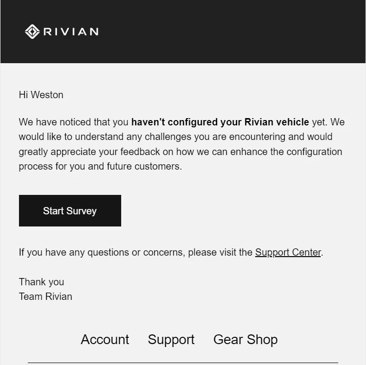 Rivian R1T R1S Rivian asking for order holder configuration feedback rivian-survey