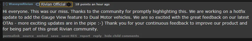 Rivian R1T R1S Update: Rivian adding Gauge View feature to Dual Motor Rivians (per VP of Software) 1697821738956