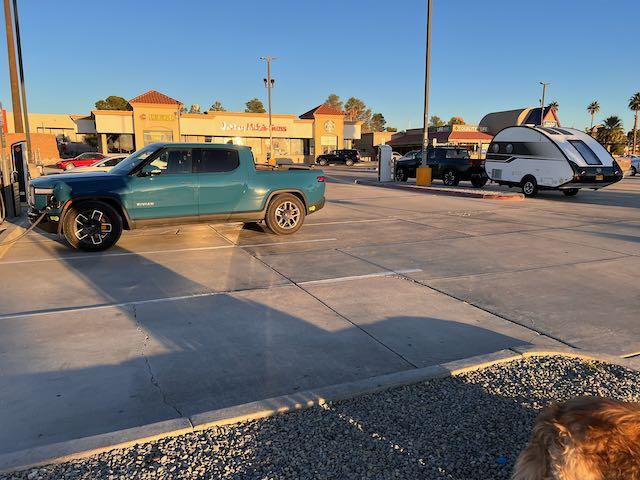 Rivian R1T R1S Dumb Rivian owner at Barstow RAN, hogging the trailer spot with no trailer IMG_5354