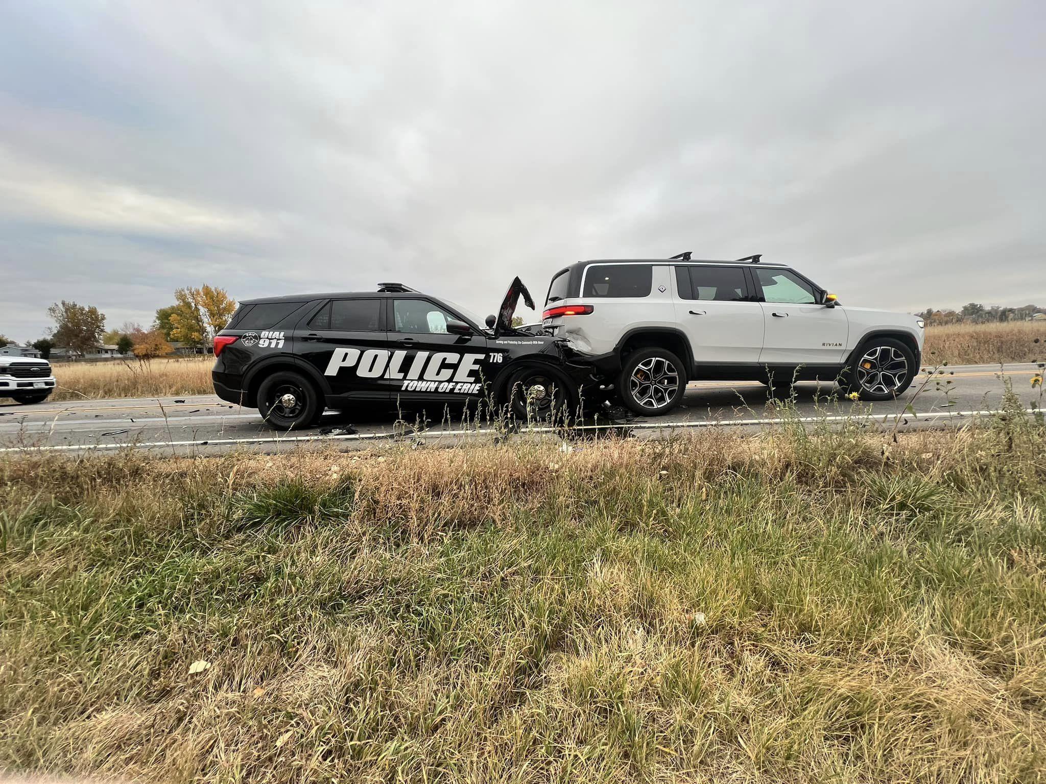 Rivian R1T R1S Don't text and drive - even if you're a cop... patrol car rear ended R1S 395420379_720024689942541_5402524458100180338_n