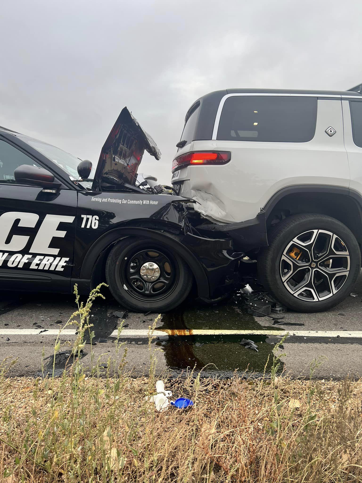 Rivian R1T R1S Don't text and drive - even if you're a cop... patrol car rear ended R1S 395428316_720024683275875_7374228099431399858_n