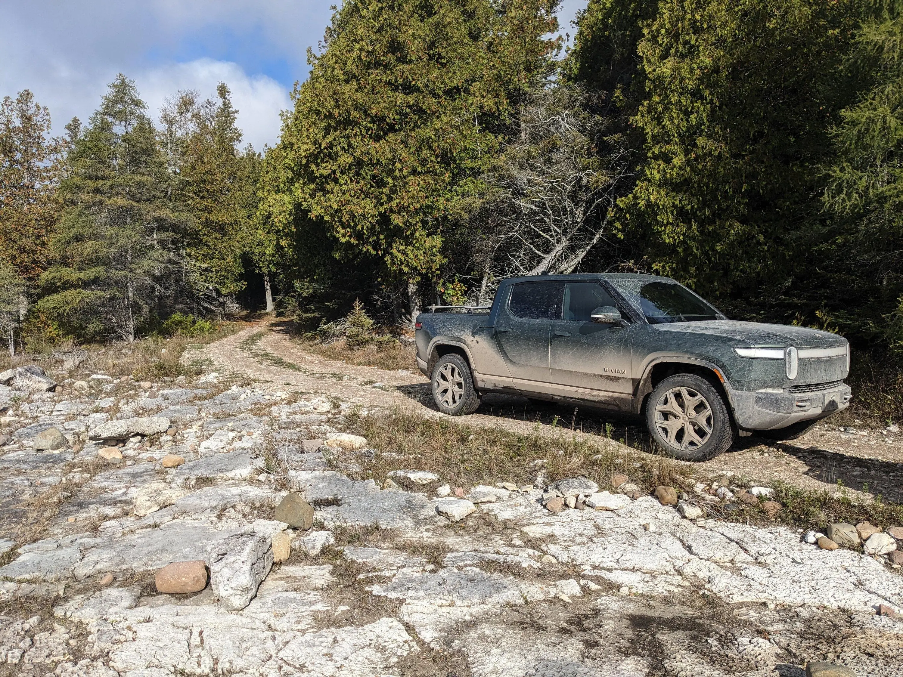 Rivian R1T R1S Off-roading on Drummond Island, Michigan with R1T + Bronco PXL_20231007_145026427
