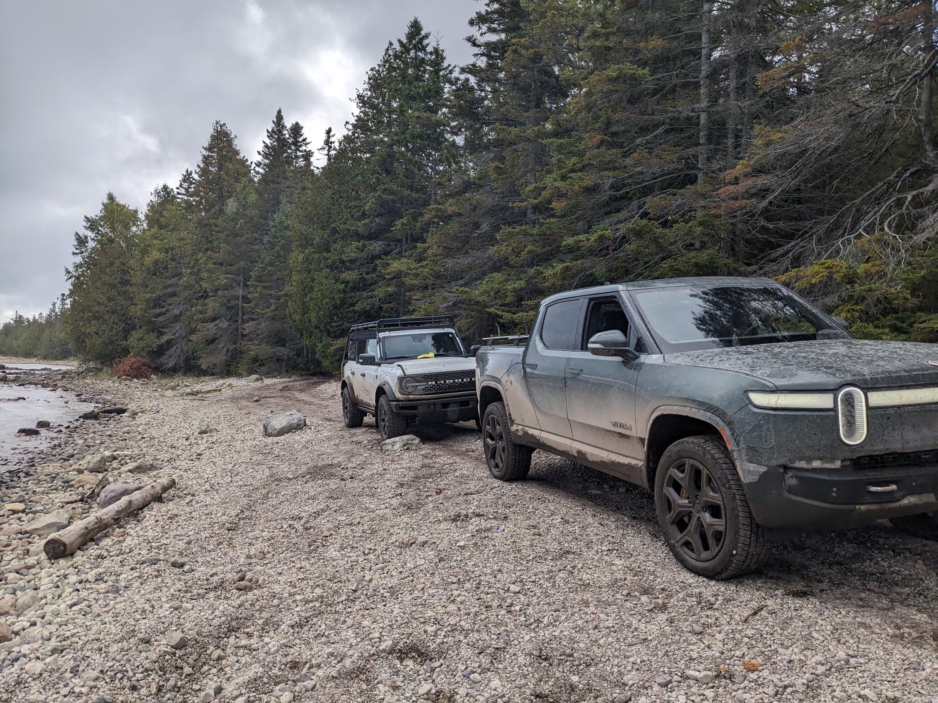 Rivian R1T R1S Off-roading on Drummond Island, Michigan with R1T + Bronco PXL_20231007_170007477