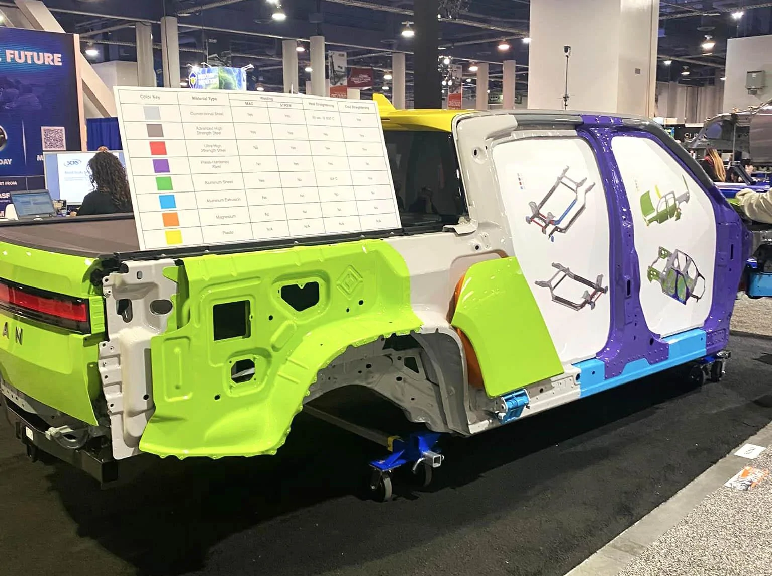 Rivian R1T R1S Rivian body materials & construction cutaway (material type, welding, heat/cold straightening) @ SEMA Rivian R1T frame body materials & construction cutaway (material type, welding, heat:cold str