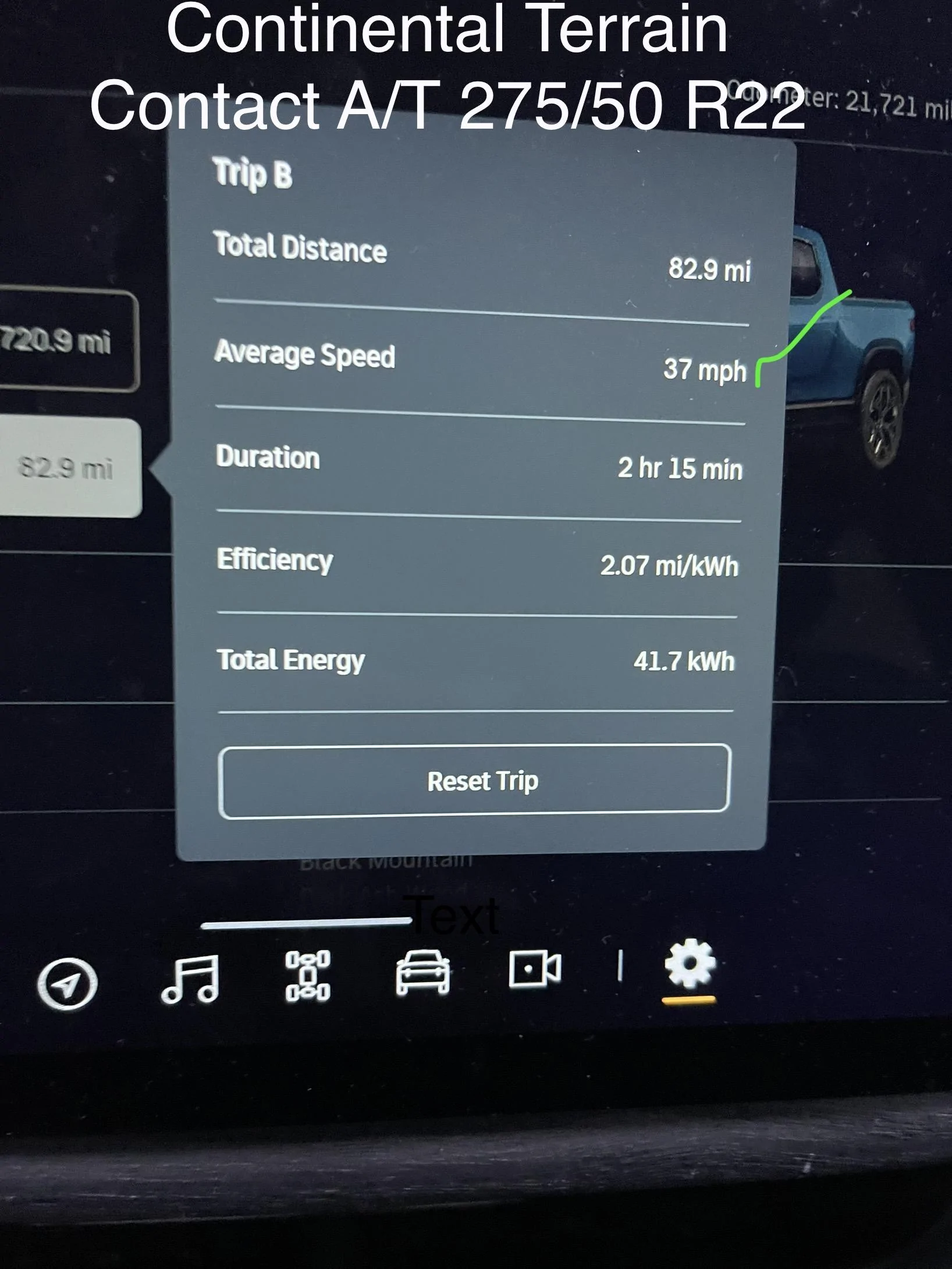 Rivian R1T R1S 22” Continental Terrain Contact A/T tires resulted in a negligible INCREASE in efficiency (2.07 mi/kwh) compared to OEM Pirellis (2.04 mi/kwh) IMG_3147