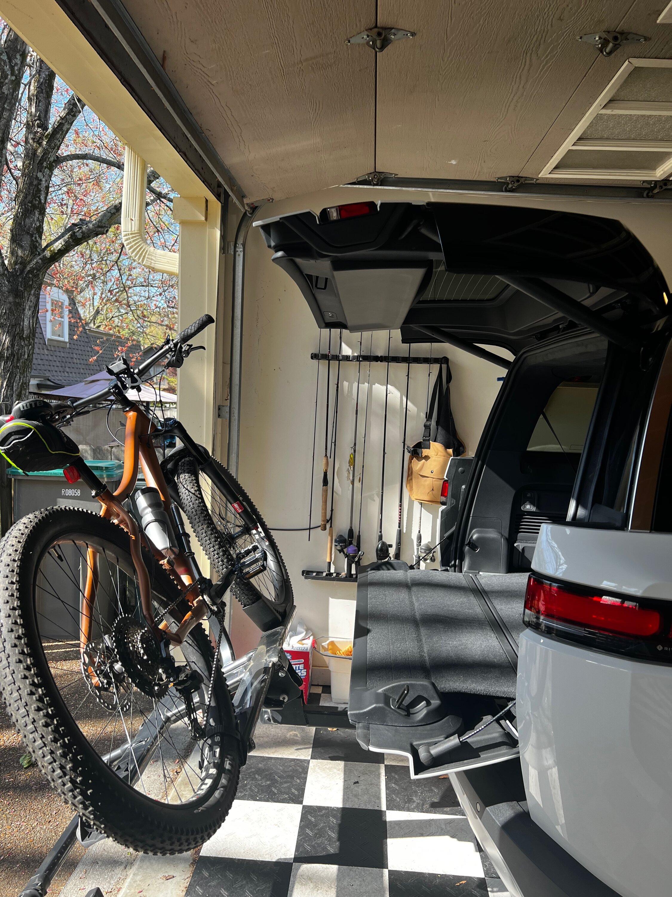Rivian R1T R1S Bike on hitch rack hitting lift gate (R1S) IMG_8571